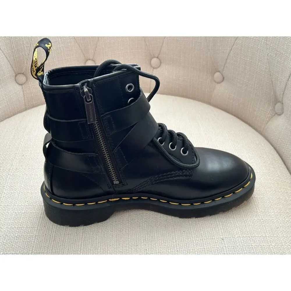 Dr Martens Unisex Sz 5 Cristofor Black Leather Harness Buckle Lace-up Boots NWOT